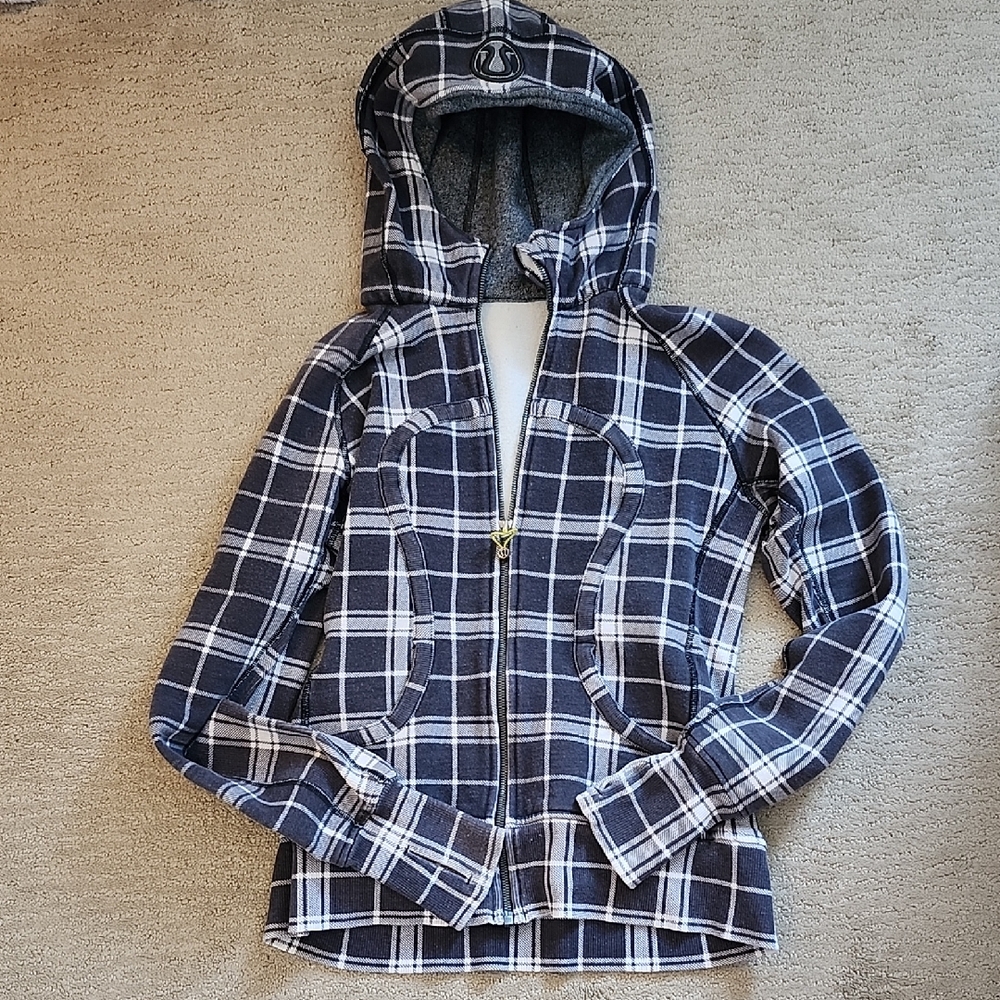 lululemon athletica Gray & White Plaid Hooded Zip Jacket